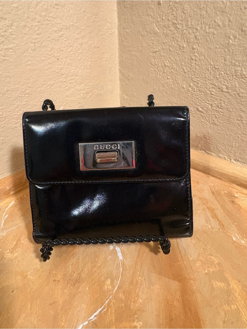 Gucci Black Patent Leather Wallet with Silver Hardware